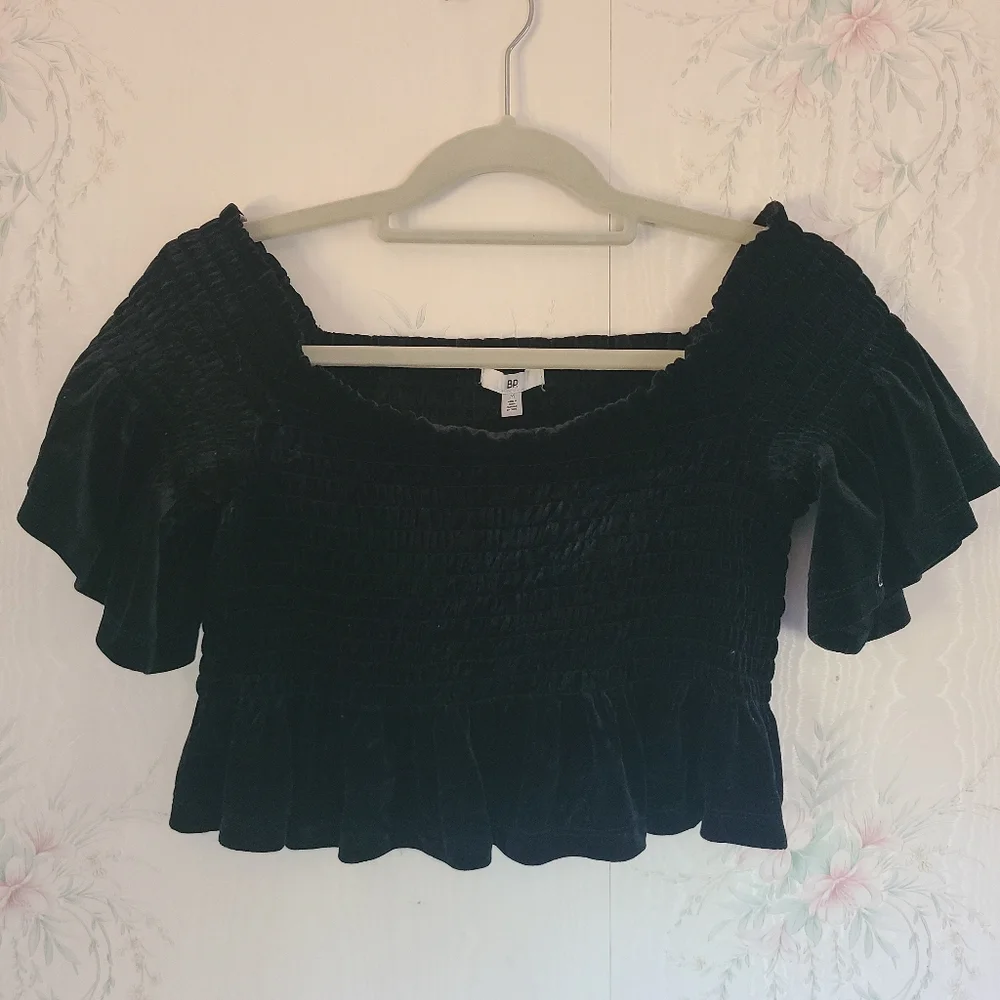 BP black Velvet Off The Shoulder Ruffle Crop Top - Picture 2 of 5